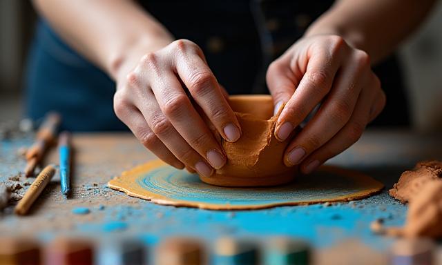 Hands working with clay and paint